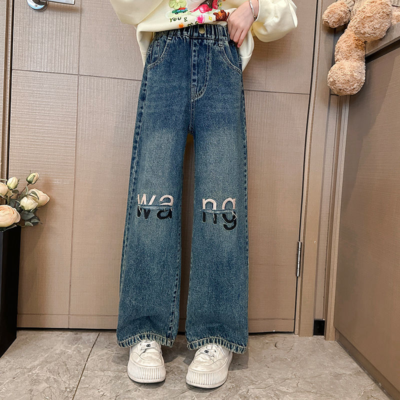 女童牛仔褲春秋款2023新款洋氣童裝秋裝兒童褲子女大童秋季長褲潮