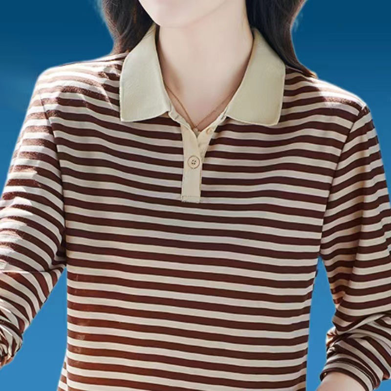 撿漏~外貿尾單大牌剪標撤櫃翻領條紋長袖t恤女春秋上衣POLO衫