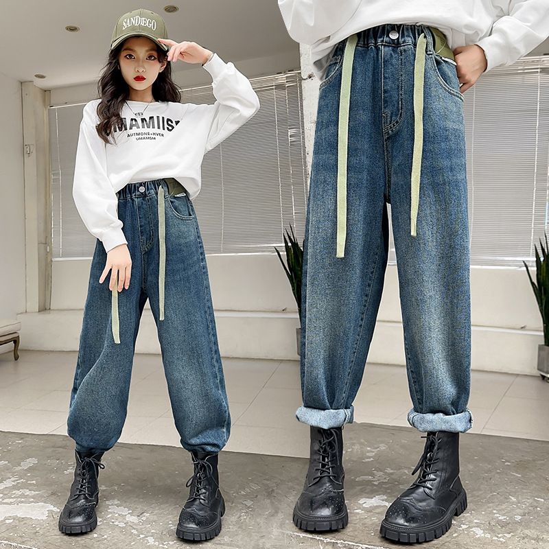 女童牛仔褲春秋款2023新款兒童秋裝褲子中大童洋氣休閒寬鬆老爹褲