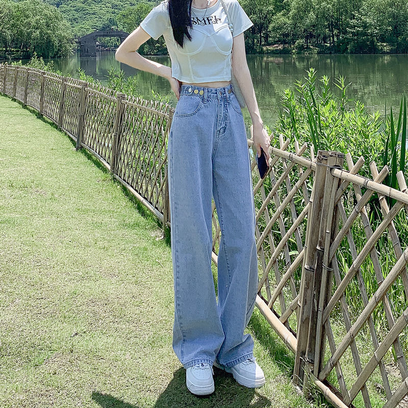 高腰闊腿褲牛仔褲女秋季2023年新款寬鬆直筒顯瘦垂感拖地褲子