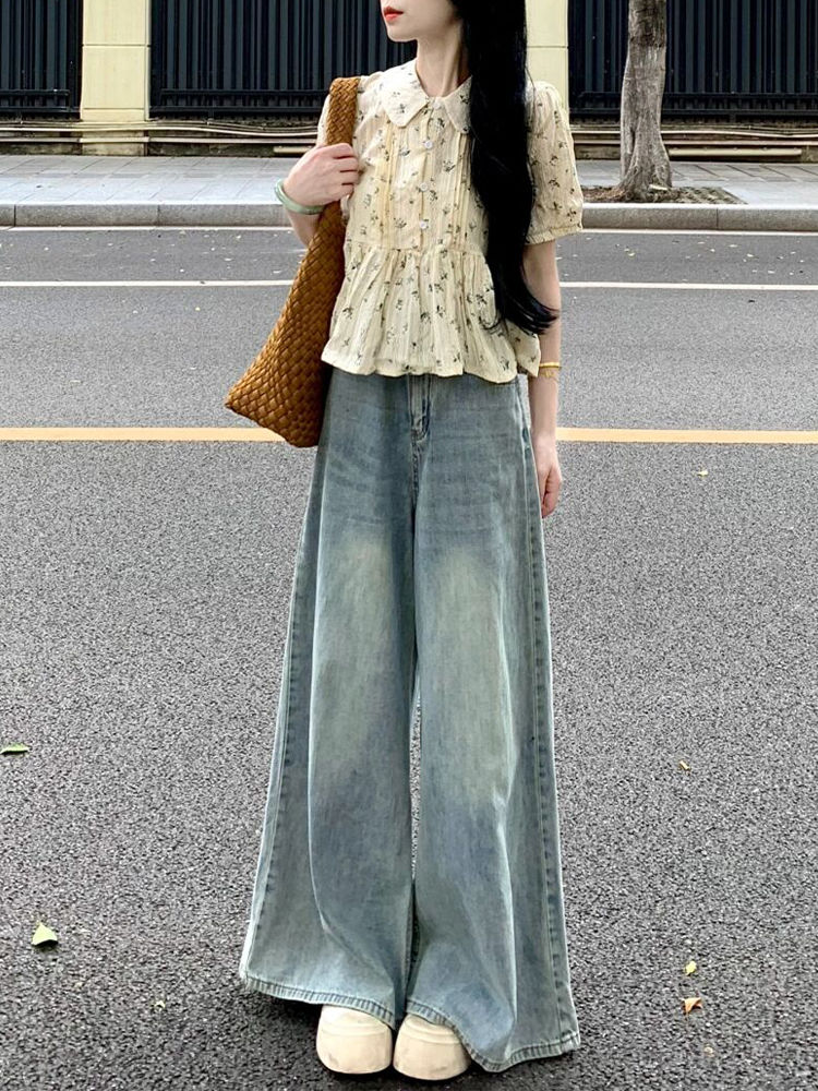 淺色大闊腿牛仔褲女2023秋季新款高腰寬鬆遮肉顯瘦微喇叭拖地褲子