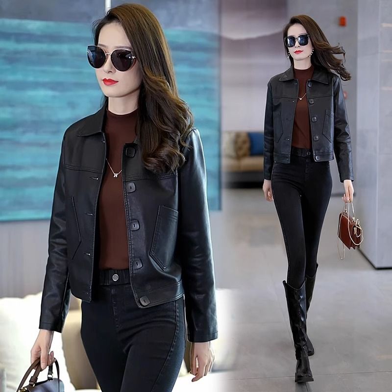 Leather jacket women's short spring and autumn slim black pu leather jacket  new fashion high-end women's top