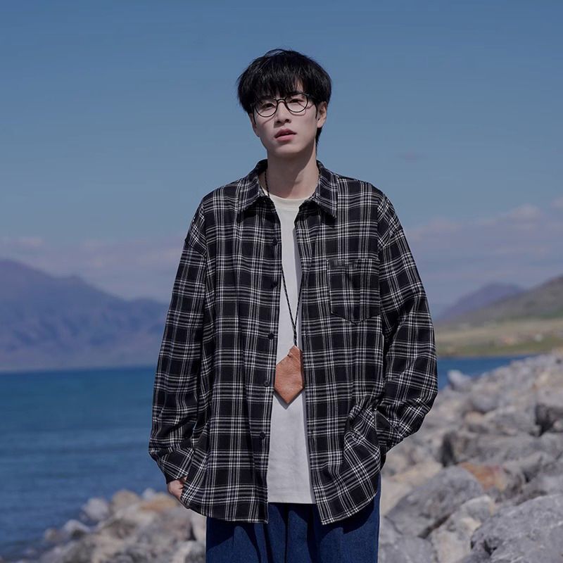 襯衫男秋季美式高街潮牌寬鬆休閒格子長袖襯衣青少年日系復古外套