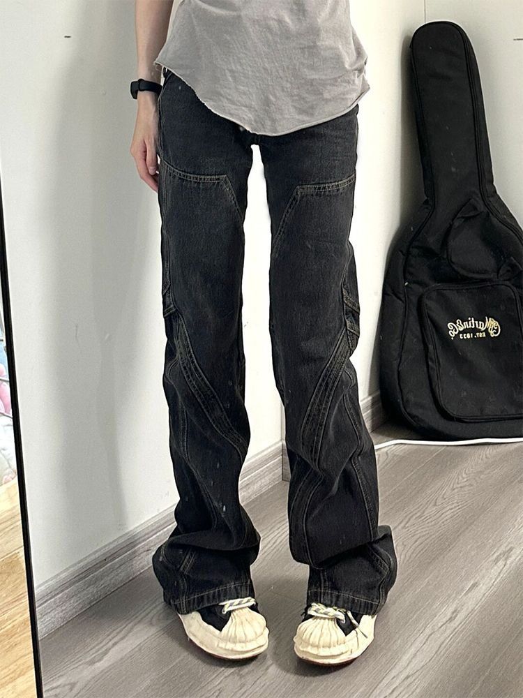 美式復古微喇牛仔褲女秋季新款辣妹低腰寬鬆闊腿顯瘦拖地喇叭褲子
