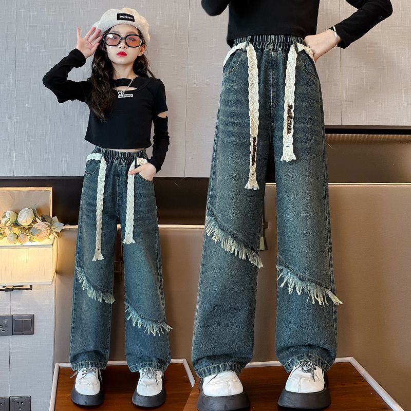 女童牛仔褲闊腿褲2023新款春秋兒童大童秋季褲子外穿直筒炸街長褲