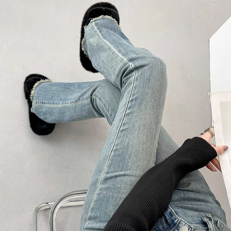 美式復古毛邊微喇叭牛仔褲女春秋高腰顯瘦彈力高街馬蹄褲子潮ins