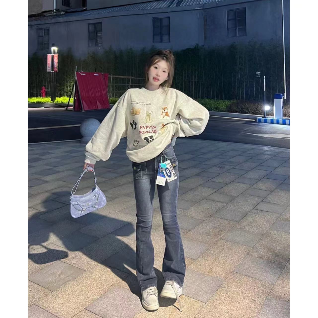 秋冬季復古藍色微喇叭牛仔褲女修身顯瘦拖地長褲水洗口袋港風顯高