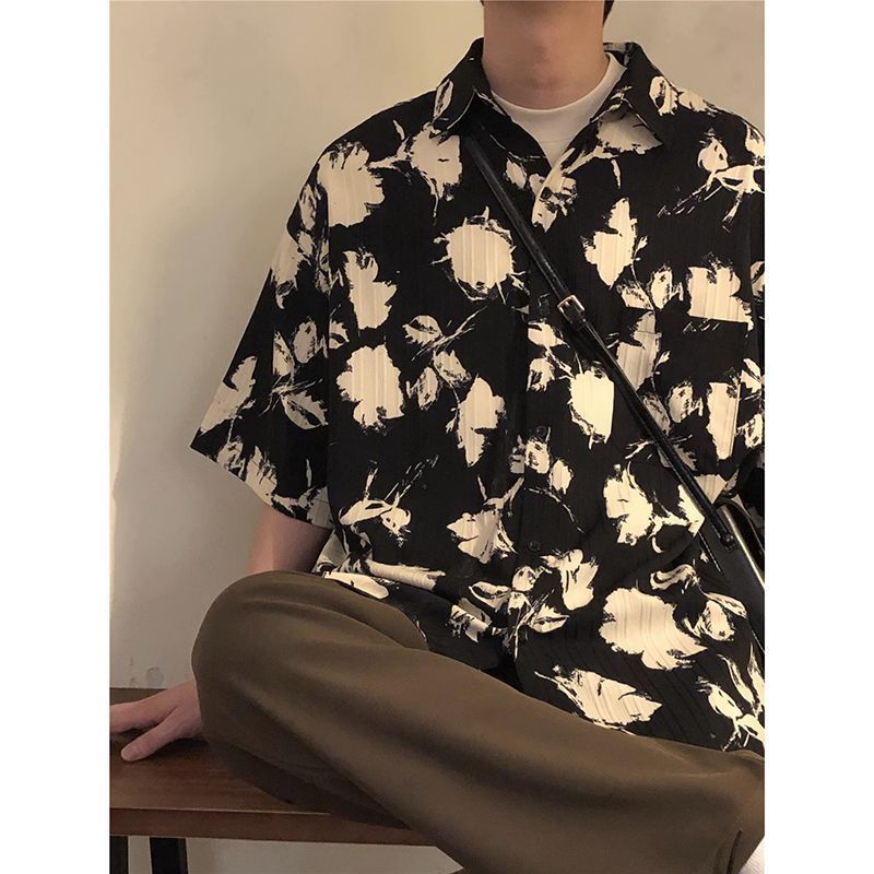 夏季新款美式復古寬鬆港味短袖襯衫男休閒潮流潮牌印花沙灘風上衣