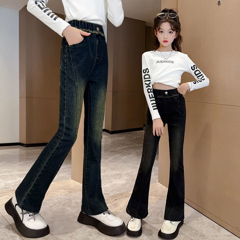 女童褲子春秋2023新款兒童秋季修身喇叭褲外穿洋氣大童秋裝牛仔褲