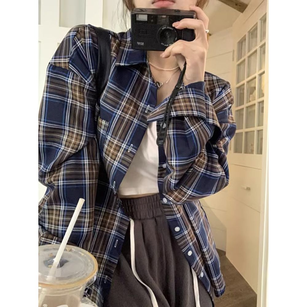 美式復古格子長袖襯衫女秋季2023新款小眾高級感寬鬆BF慵懶風上衣