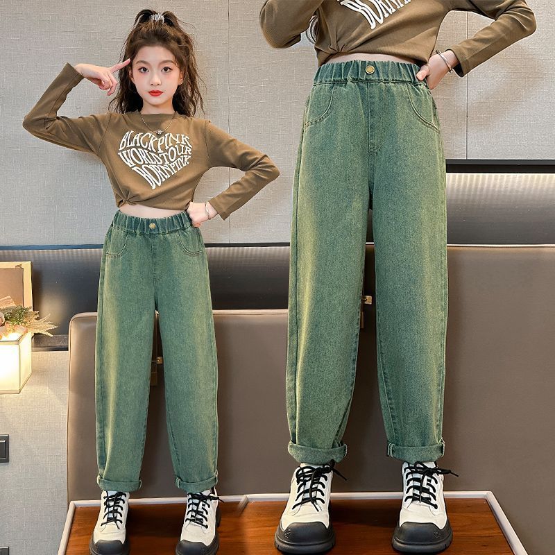 女童褲子春秋2023新款洋氣學生時尚休閒蘿蔔褲女孩秋裝兒童牛仔褲