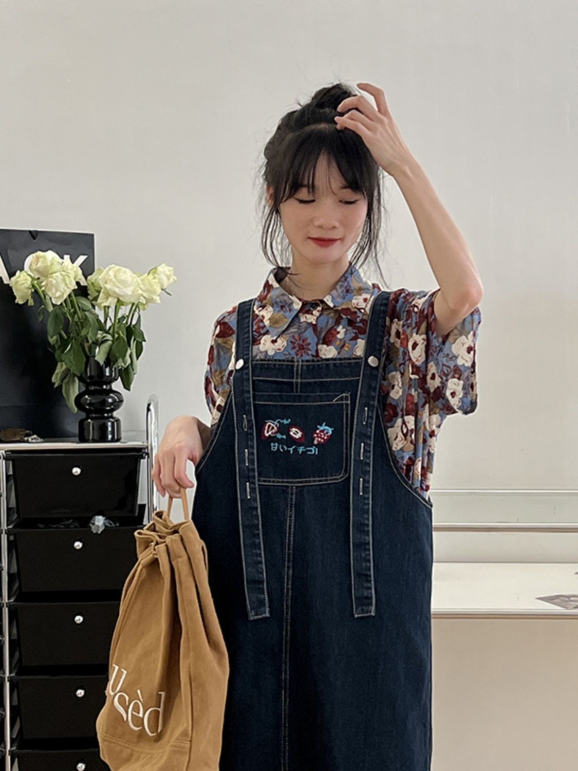 開叉背帶牛仔裙女2023春秋新款設計感大碼減齡寬鬆小個子鹽系裙子