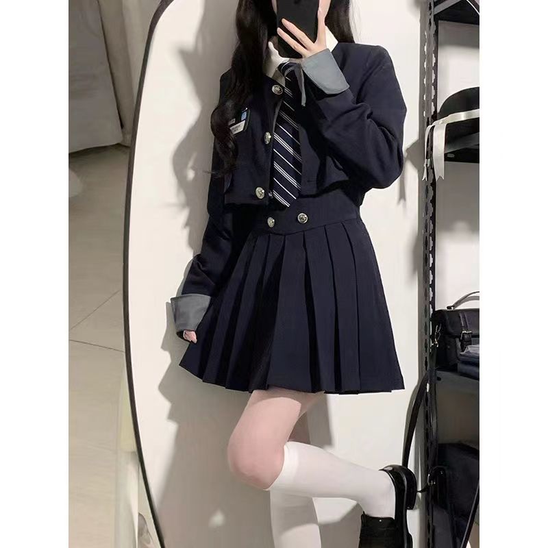 韓國學院風套裝女短款西裝外套JK制服裙春夏高腰顯瘦百褶裙三件套