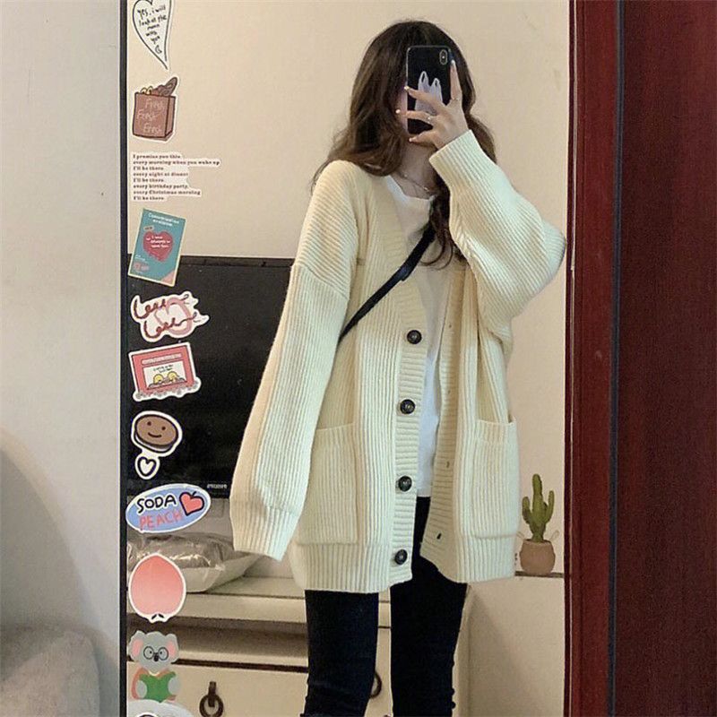 韓版甜美oversize加厚針織開衫毛衣外套女秋冬學院風寬鬆顯瘦上衣