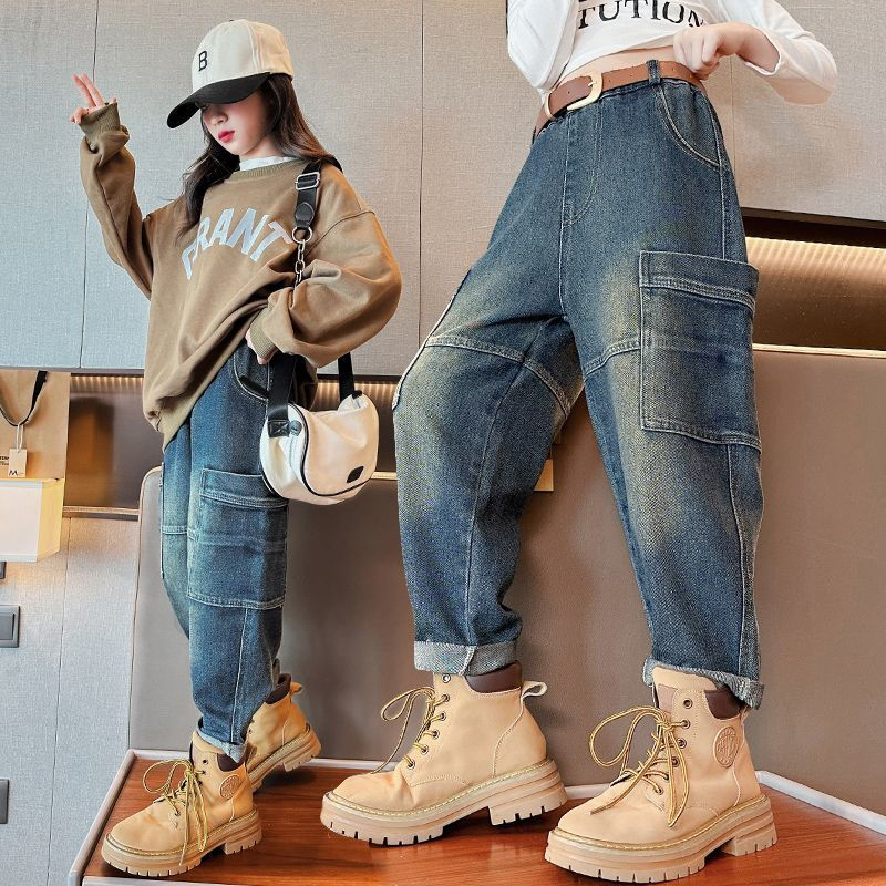 女童牛仔褲春秋2023新款韓版洋氣兒童秋裝老爹褲子女大童哈倫褲潮