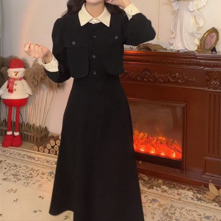 大碼新款法式赫本風長袖polo領黑色連衣裙女早秋季小眾高級感長裙