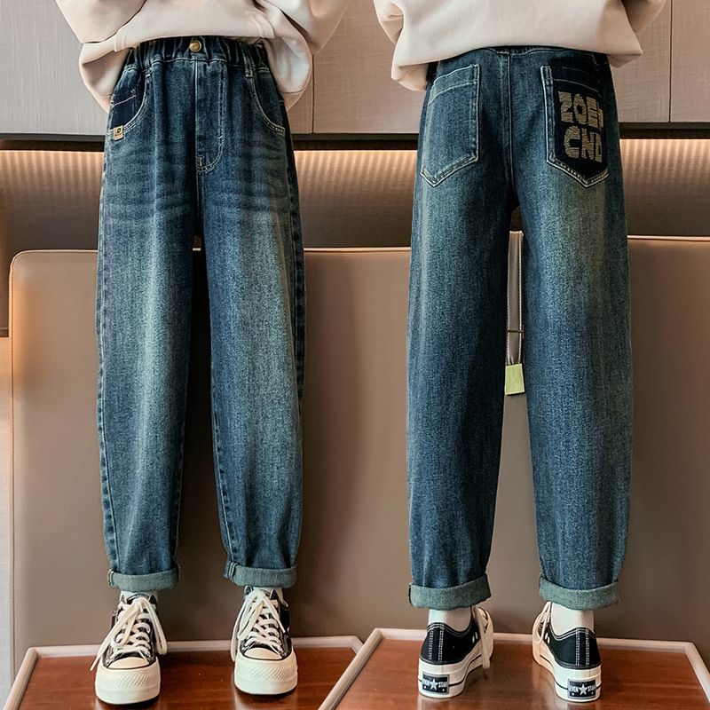 女童秋裝2023新款牛仔褲兒童洋氣老爹褲中大童裝春秋女孩時髦長褲