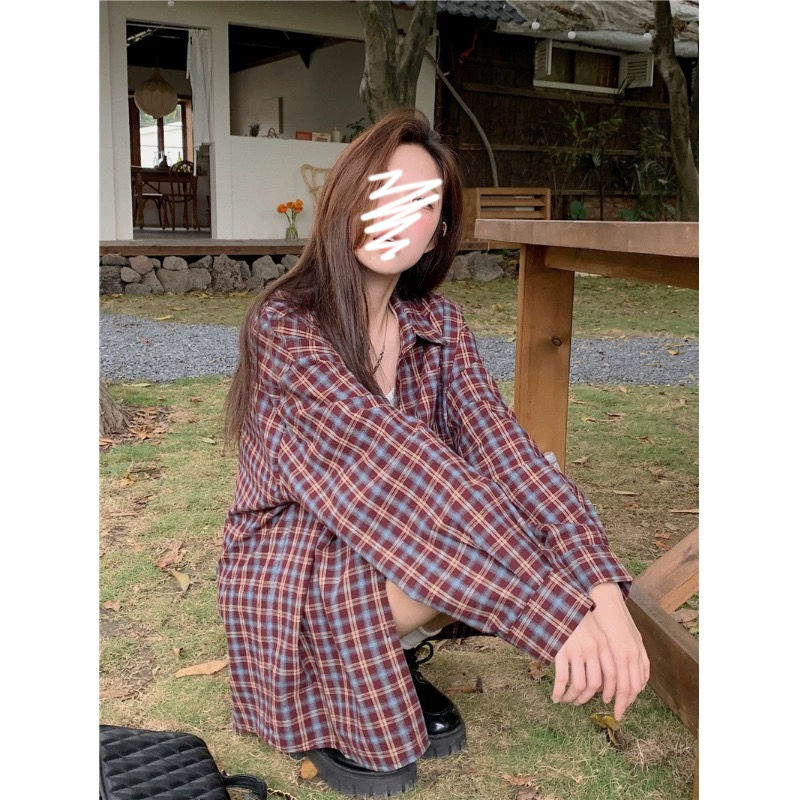 韓版撞色格子長袖襯衫外套女秋季2023新款小眾學生寬鬆顯瘦襯衣潮