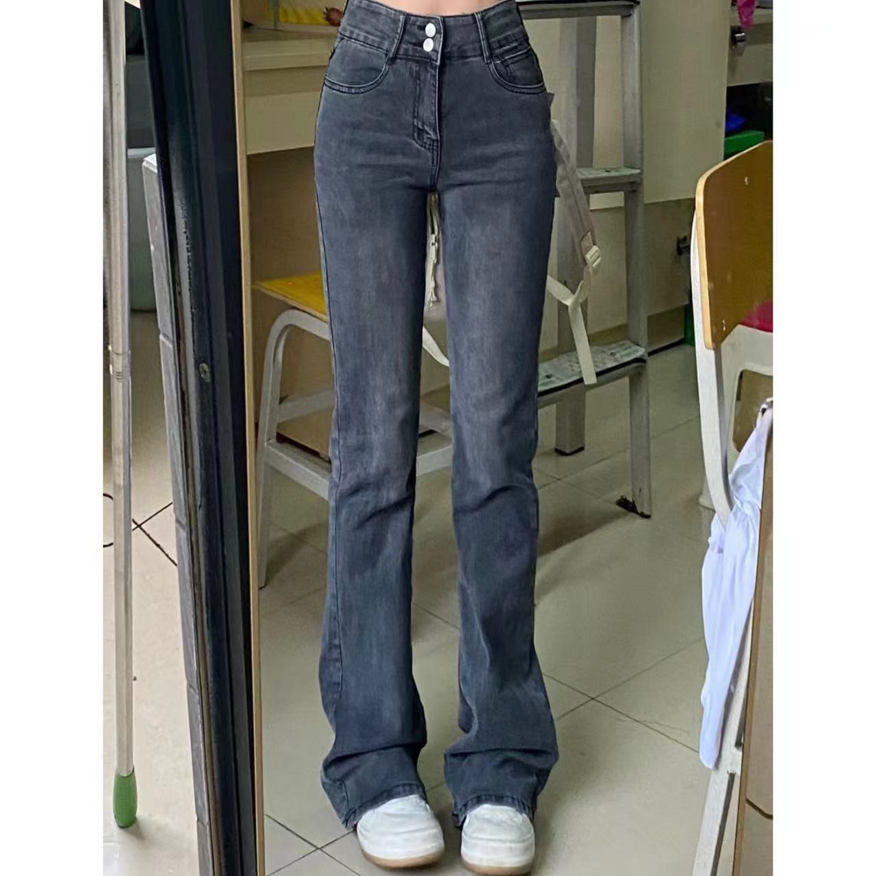 秋冬季黑灰色微喇叭牛仔褲女加長拖地褲顯瘦水洗復古懷舊美式馬蹄