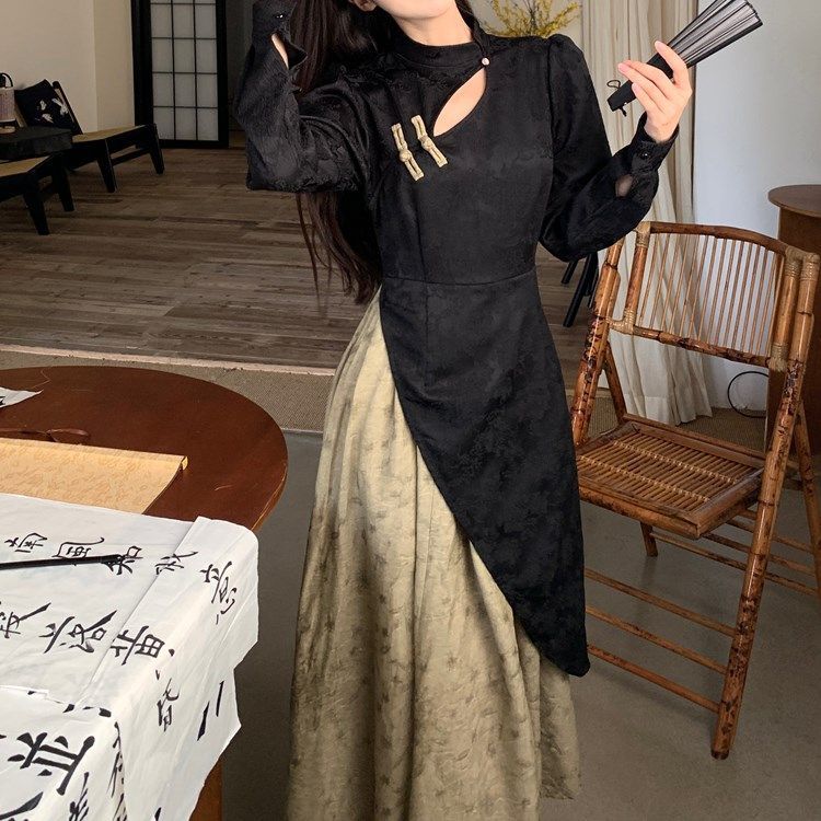 大碼新中式撞色改良旗袍裙早秋新款胖妹妹氣質氛圍感假兩件連衣裙