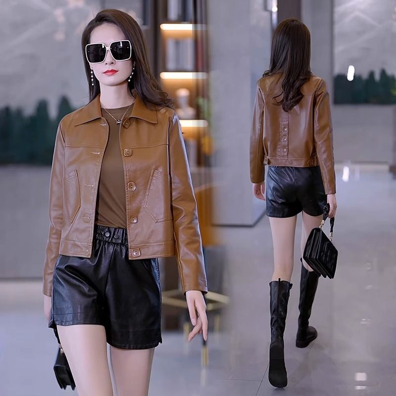 Leather jacket women's short spring and autumn slim black pu leather jacket  new fashion high-end women's top