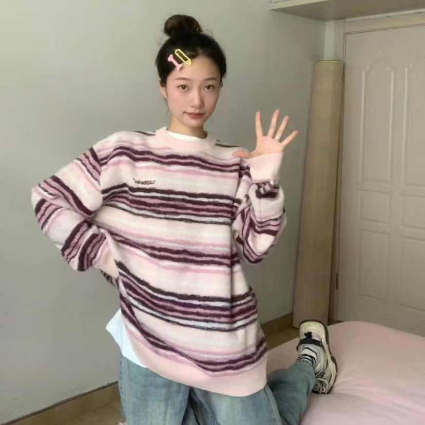 甜美學院風撞色條紋毛衣針織衫女秋季新款寬鬆慵懶風百搭休閒上衣