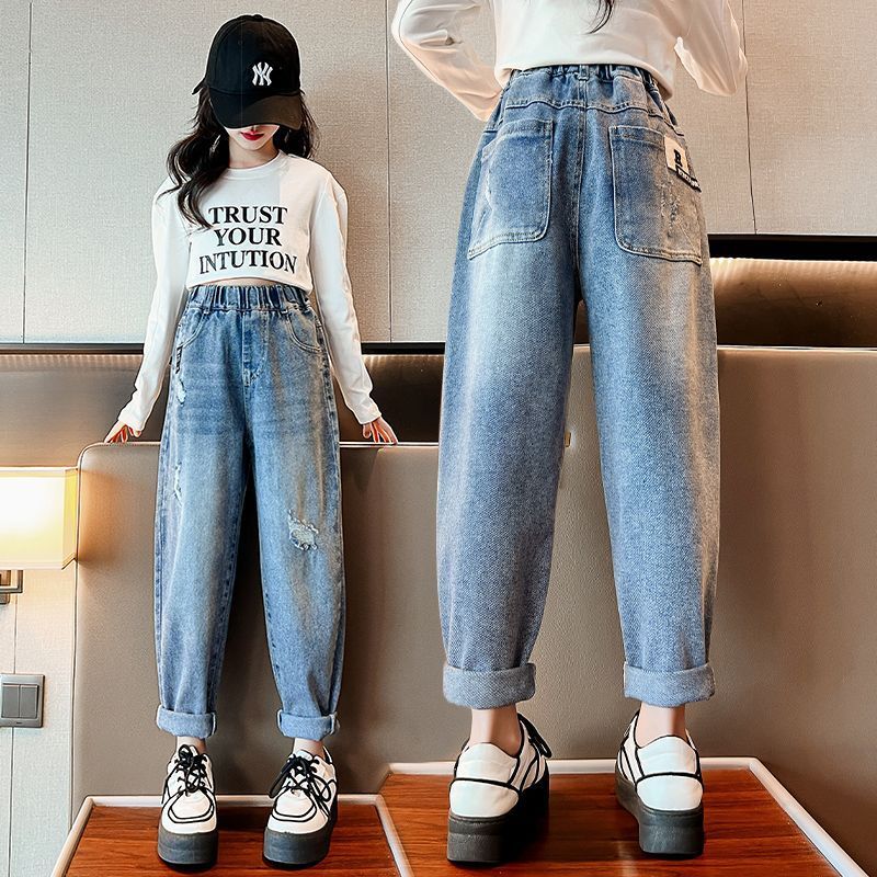 女童秋季褲子2023新款網紅兒童牛仔褲春秋韓版女大童老爹長褲寬鬆