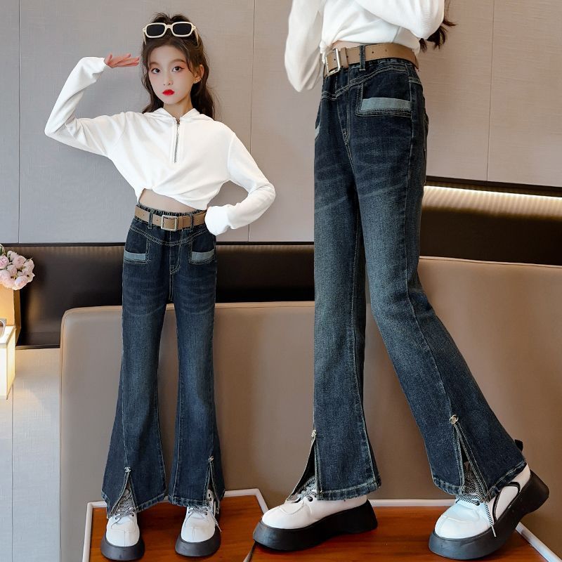 女童牛仔褲春秋款2023新款兒童秋裝褲子女大童秋季長褲女孩喇叭褲