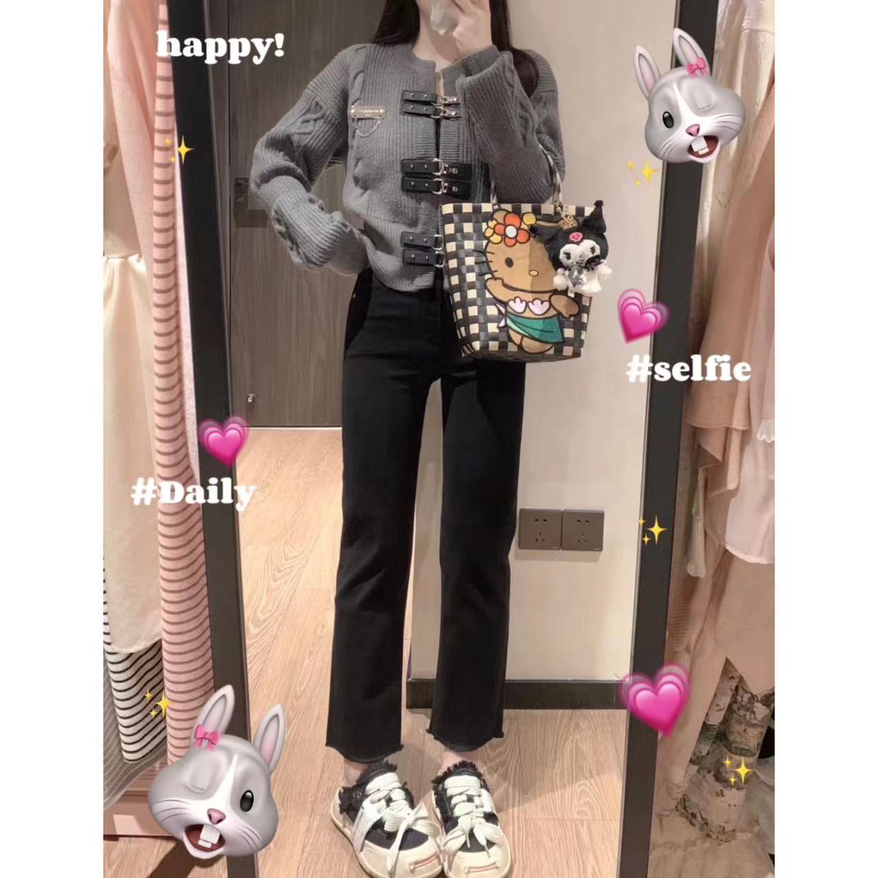 秋冬季黑色毛邊九分褲顯瘦直筒水洗彈力百搭小個子潮流做舊煙筒褲