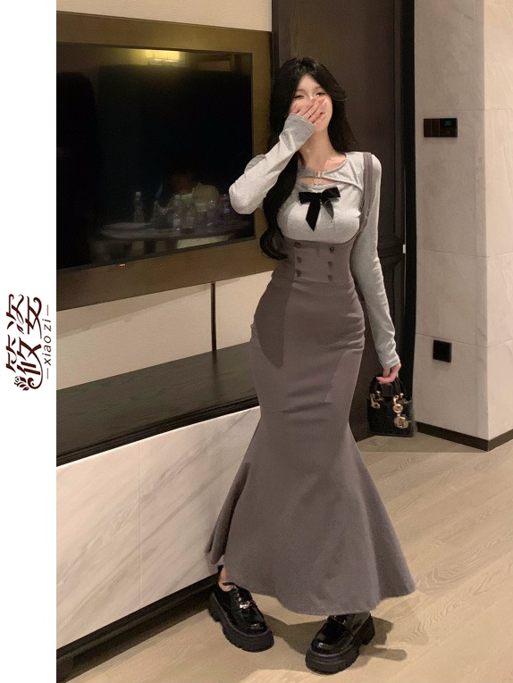 筱姿純欲風辣妹背帶連衣裙女2023新款裙子後媽裙收腰包臀魚尾長裙