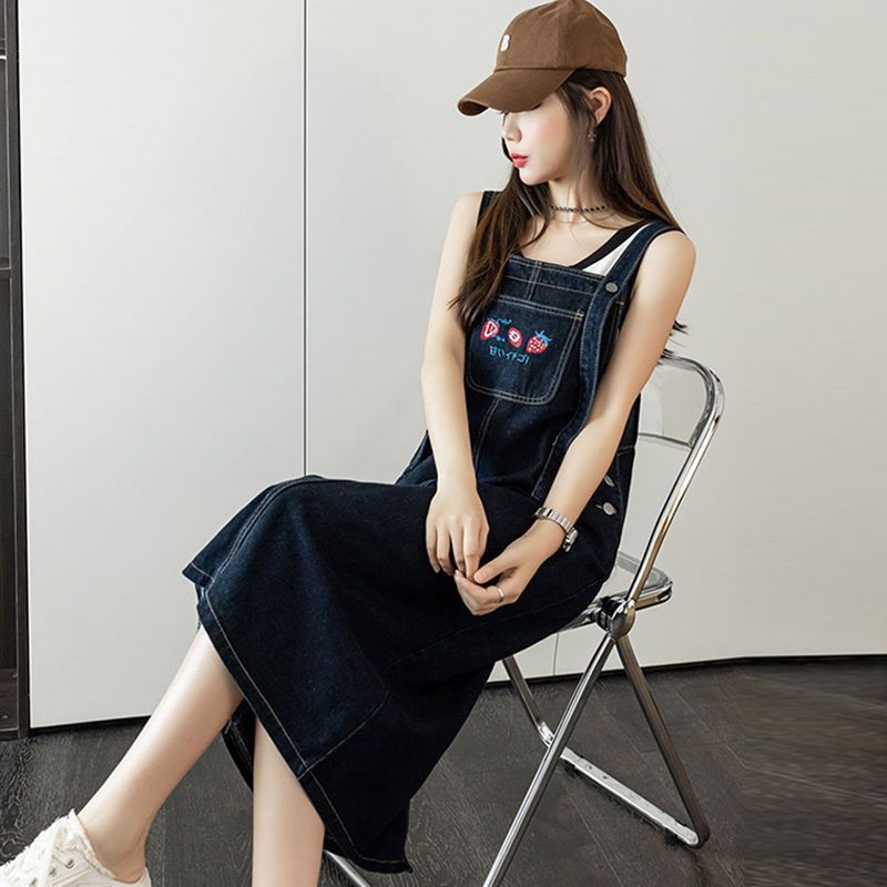 牛仔背帶裙女小個子減齡百搭開叉連衣裙寬鬆顯瘦2023年春秋季新款