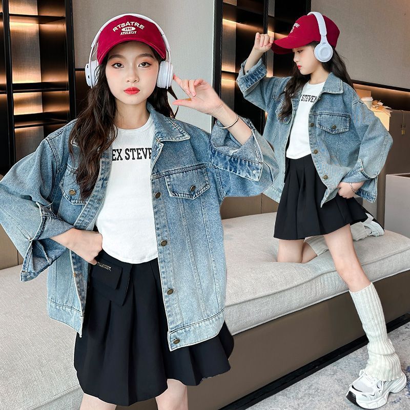 Girls' Denim Jackets Spring and Autumn 2023 New Fashionable Children's Autumn Clothes Big Kids Girls Autumn Internet Celebrity Tops Trendy