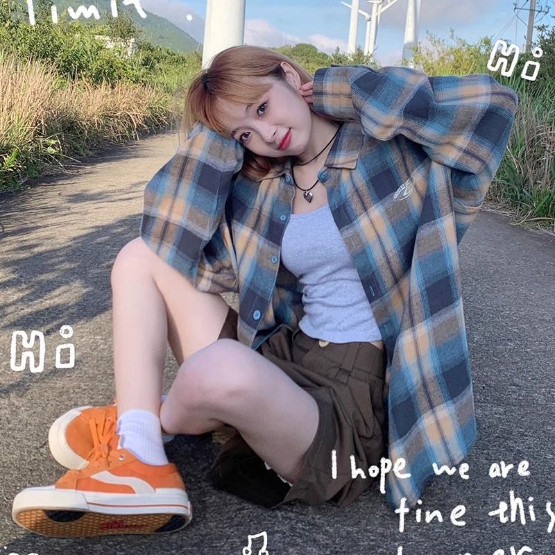 美式復古格子長袖襯衫外套女夏季寬鬆開衫外搭襯衣設計感小眾上衣