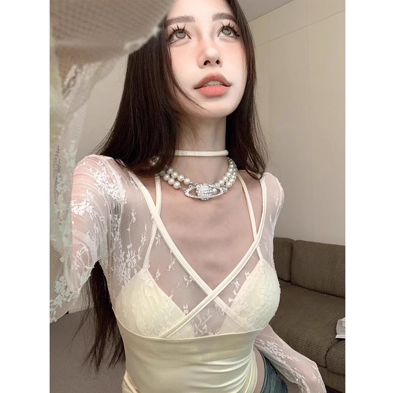 純欲風蕾絲拼接v領長袖打底衫T恤女秋季辣妹性感修身短款網紗上衣