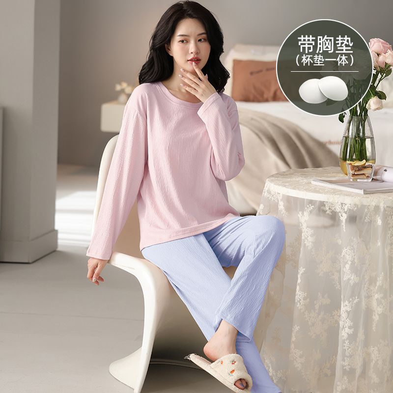帶胸墊純棉麻睡衣女春秋季長袖套頭大碼寬鬆套裝中青年外穿家居服