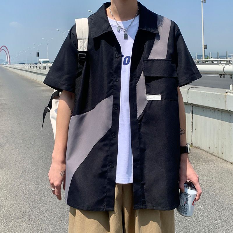 美式短袖襯衫男2023夏季新款寬鬆港風ins設計感拼接加大碼襯衣潮