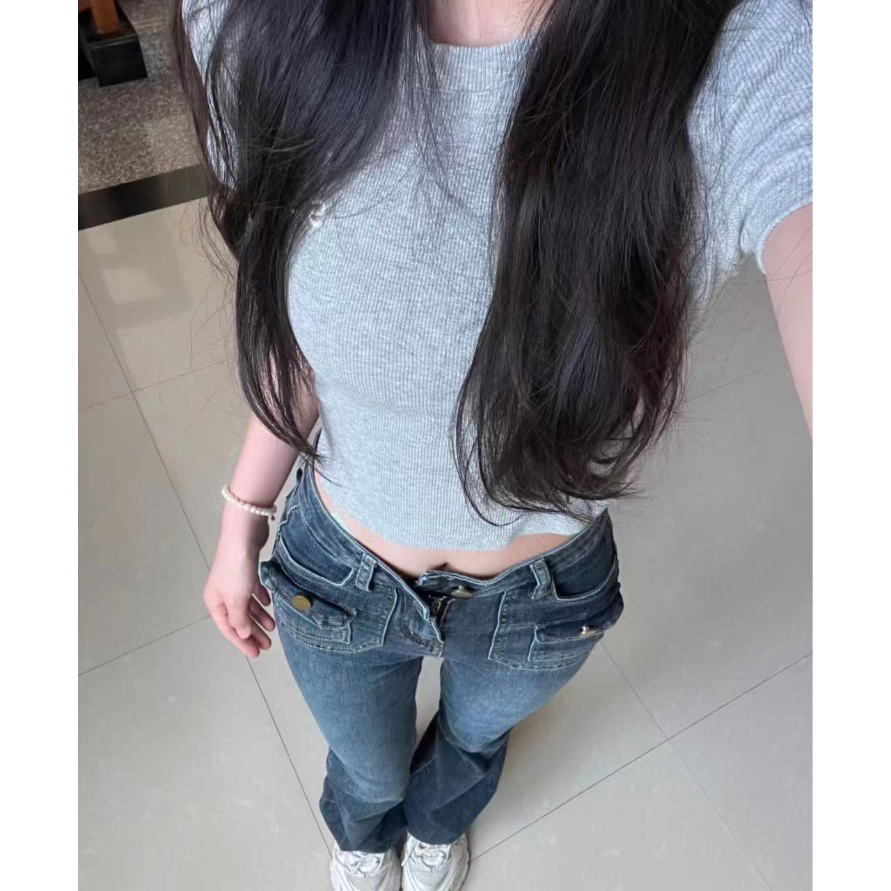 秋冬季復古藍色微喇叭牛仔褲女修身顯瘦拖地長褲水洗美式馬蹄氣質
