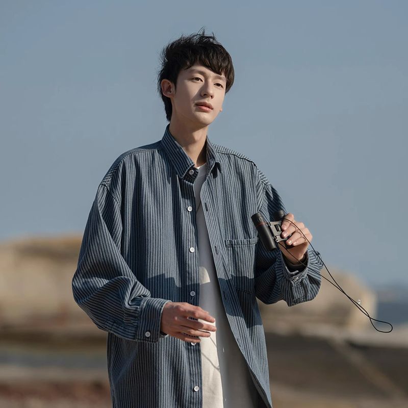 牛仔襯衫男長袖韓版潮流痞帥工裝襯衣港風潮牌高級感寬鬆休閒外套