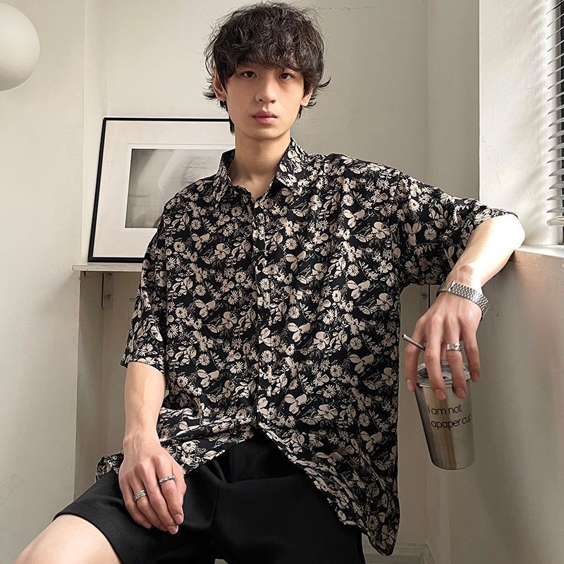 夏季韓風垂感禁慾系黑色印花襯衫男短袖港風寬鬆休閒日系復古襯衣