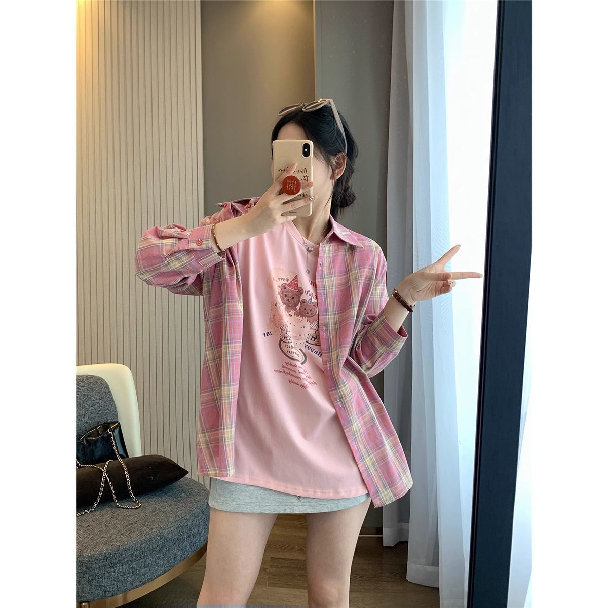 粉色格子襯衫外套女2023秋季新款甜美chic小個子寬鬆百搭長袖襯衣