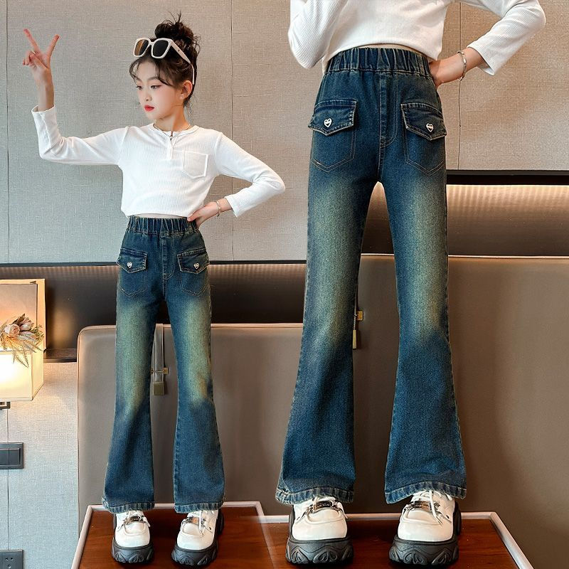 女童喇叭褲春秋2023新款兒童秋裝韓版時尚褲子洋氣大童秋季牛仔褲