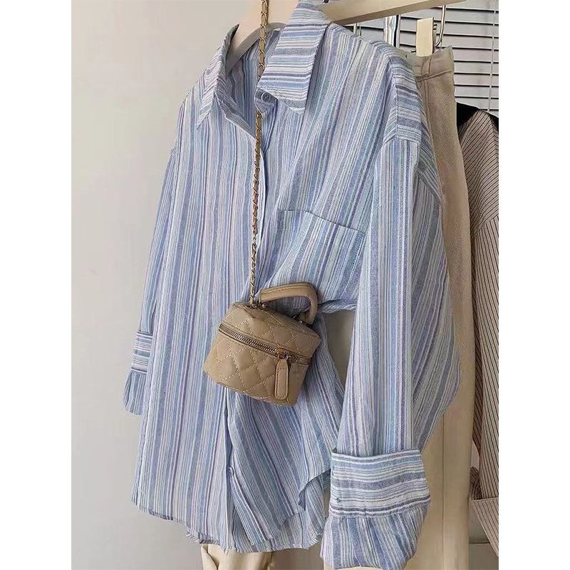 Pink striped long-sleeved shirt for women in early autumn, new sun-proof outer shirt, slim, loose, casual, fresh top