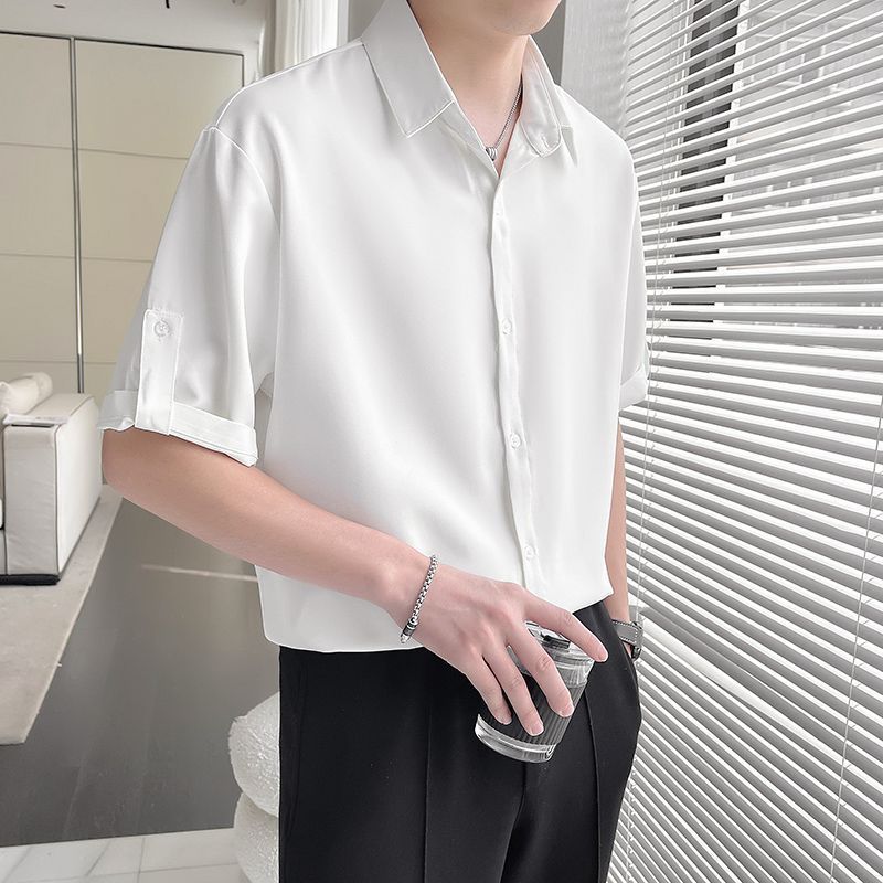 韓版輕熟風襯衣男七分袖2023夏季新款純色基礎款純色冰絲中袖襯衫