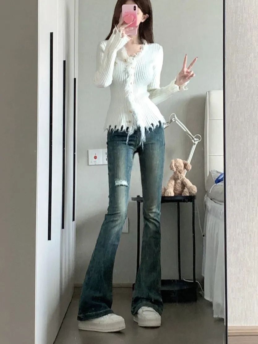 美式復古微喇破洞牛仔褲女秋季2023新款修身辣妹高腰顯瘦馬蹄褲子