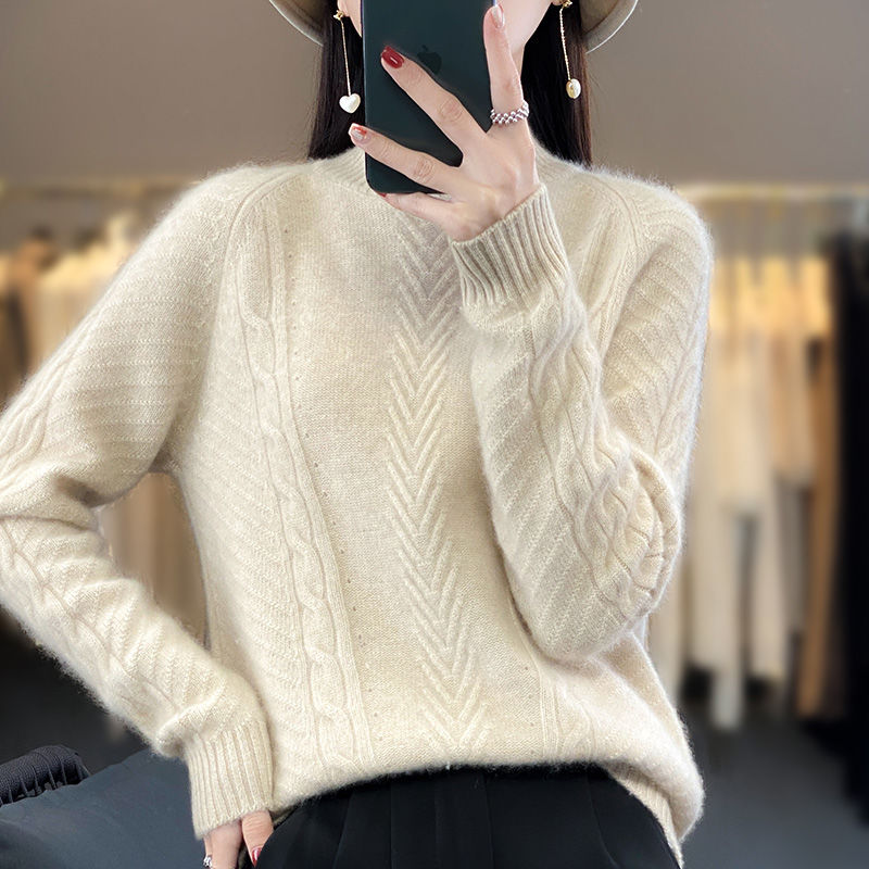 加厚羊毛衫提花長袖打底針織衫女半高領套頭毛衣韓版寬鬆短款保暖