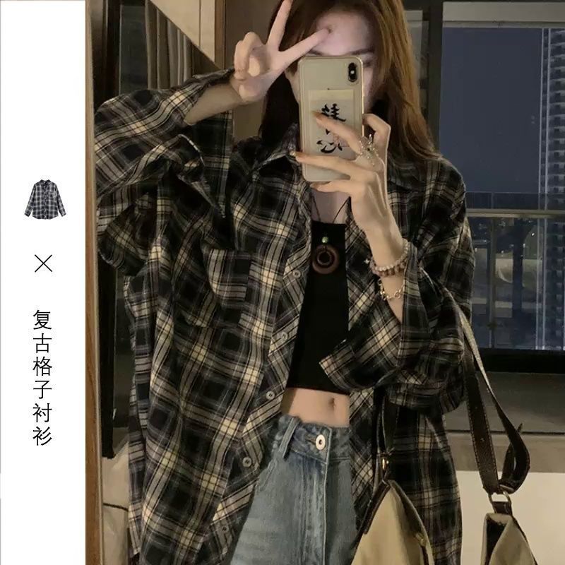 港味格子長袖襯衫女2023年春秋新款寬鬆防曬襯衣小眾顯瘦上衣外套
