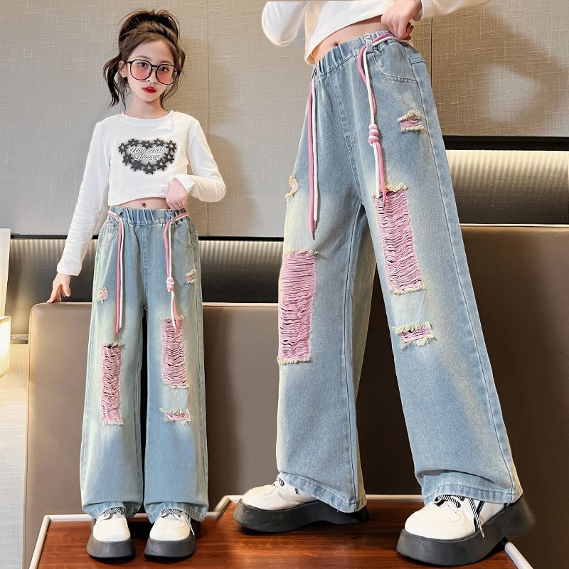 女童牛仔褲春秋季2023新款韓版兒童闊腿褲女大童直筒褲子洋氣長褲