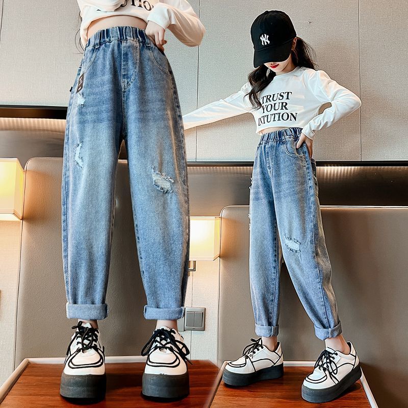女童牛仔褲春秋2023新款兒童外穿褲子寬鬆網紅女孩大童秋裝老爹褲