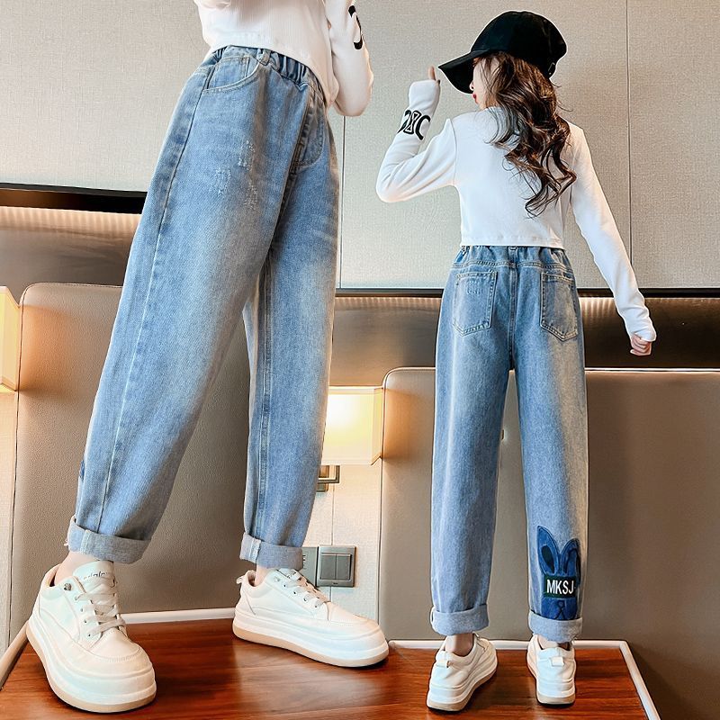 女童加絨牛仔褲秋冬2023新款兒童一體絨加厚褲子中大童冬裝老爹褲