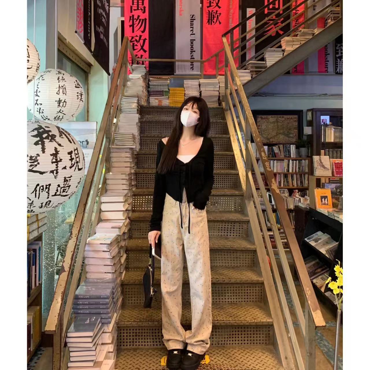 碎花秋季直筒牛仔褲女拖地長褲寬鬆遮肉辣妹顯瘦設計感日系水洗